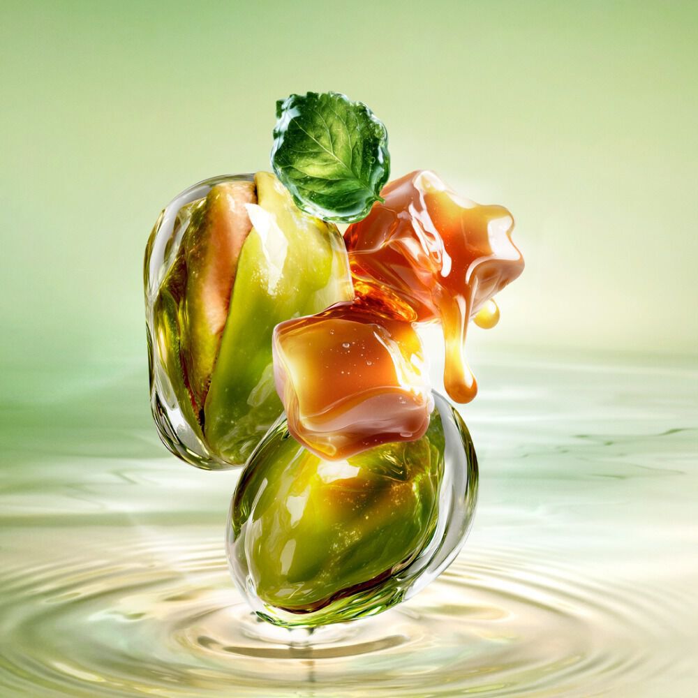 New Starlicious Pistachio Praline ingredient video showcasing its key ingredients: a patchouli leaf, whole pistachios, and dripping caramel cubes, all set against a luminous green rippling water background.
