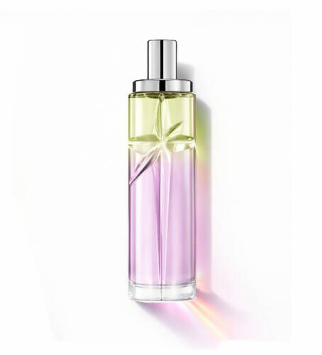 Gourmet Berry: tall bottle with light green and pink gradient on a white background. 