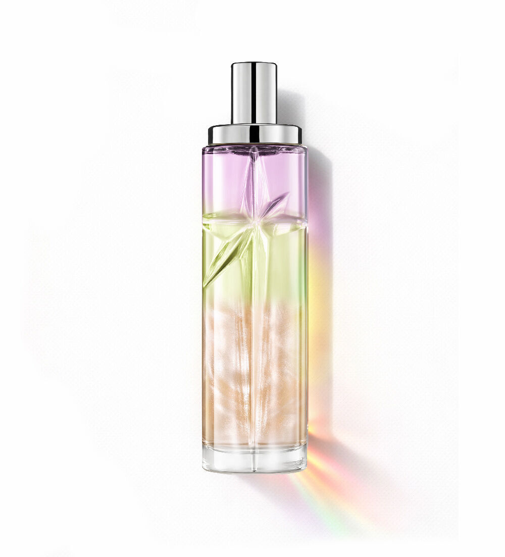 Yummy Swirl: tall bottle with purple, green and orange gradient on a white background. 