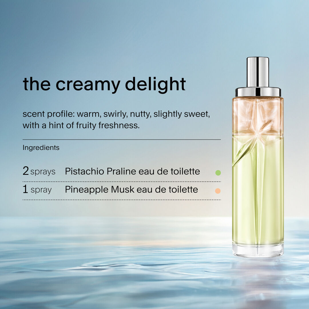 The creamy delight starlicious layering recipe. The recipe calls for 2 sprays of Pistachio Praline and 1 sprays of Pineapple Musk.