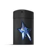 Black A*Men Mugler bottle with blue star on light gray background​