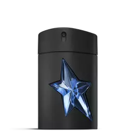 Black A*Men Mugler bottle with blue star on light gray background​