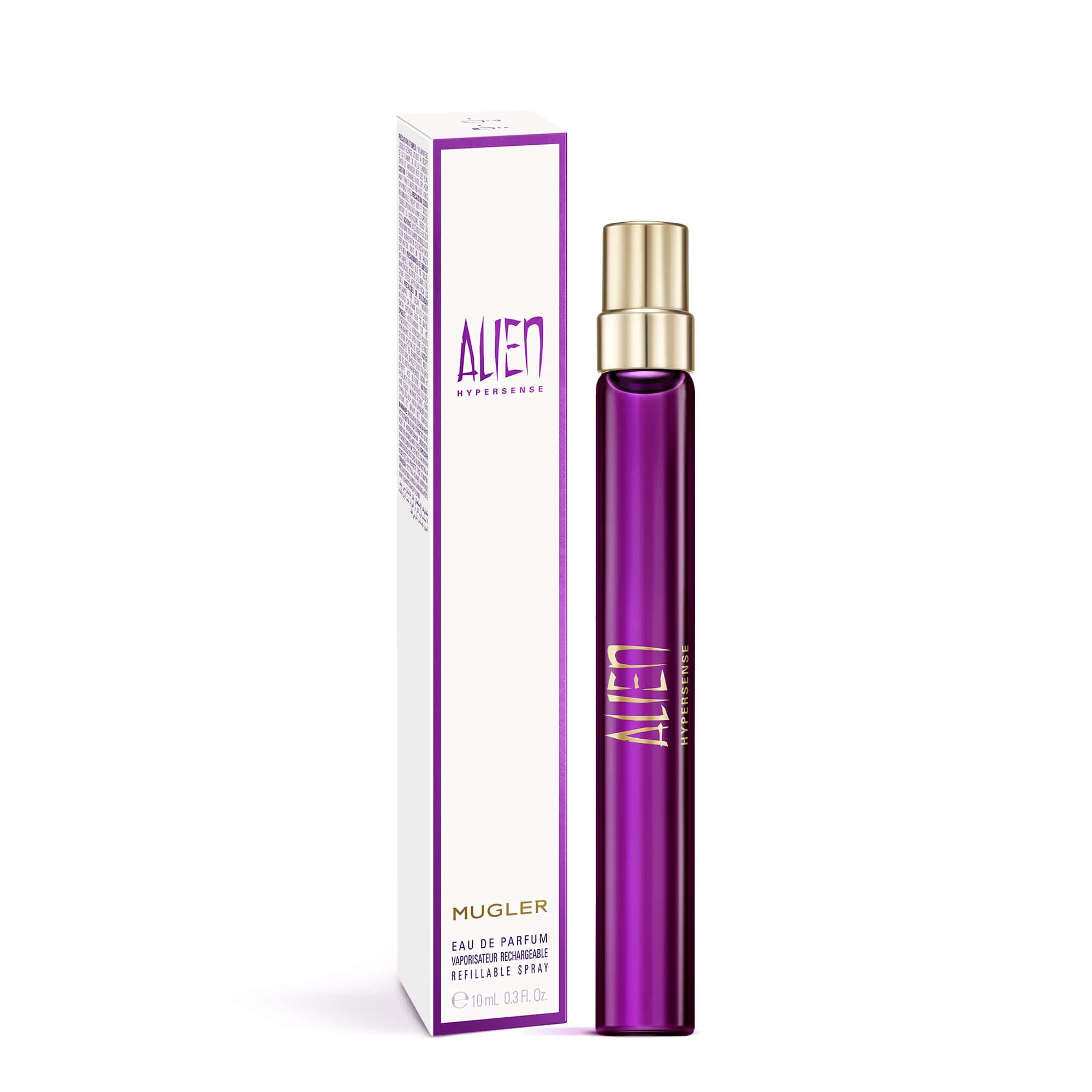 Alien Hypersense perfume bottle beside matching box on white background