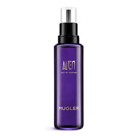 Mugler Alien perfume refill bottle with black pump on a white background​