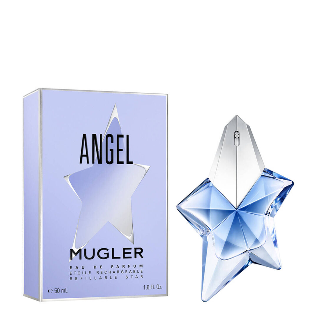 Angel Mugler eau de parfum box beside blue star-shaped perfume bottle on light gray background​