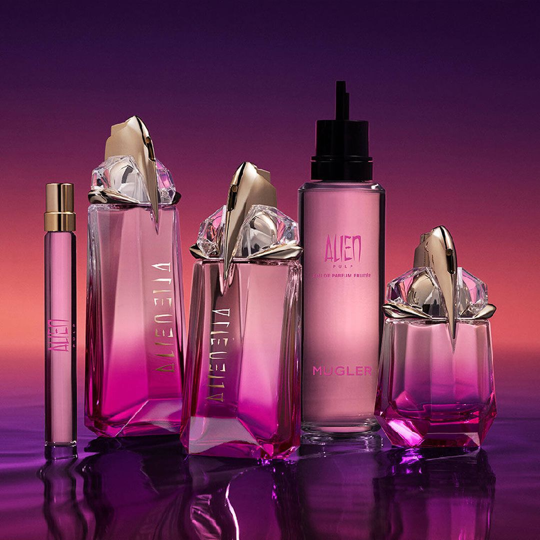 Alien Pulp by Mugler refillable fragrance range on purple sunset background​.