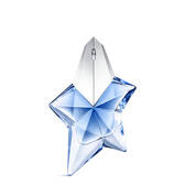 Blue star-shaped Angel Mugler perfume bottle with silver cap on a light gray background​