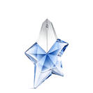 Blue star-shaped Angel Mugler perfume bottle with silver cap on a light gray background