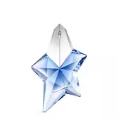 Blue star-shaped Angel Mugler perfume bottle with silver cap on a light gray background​