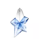 Blue star-shaped Angel Mugler perfume bottle with silver cap on a light gray background​