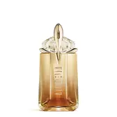 Mugler Alien Goddess Intense Eau de Parfum in golden amber talisman-shaped bottle with floral background