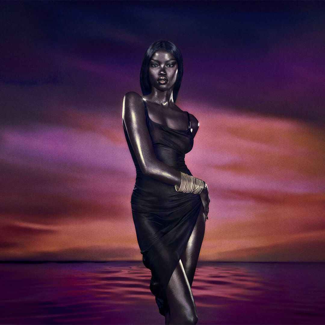 Alien Pulp by Mugler campaign portrait with model Anok Yai at purple sunset​