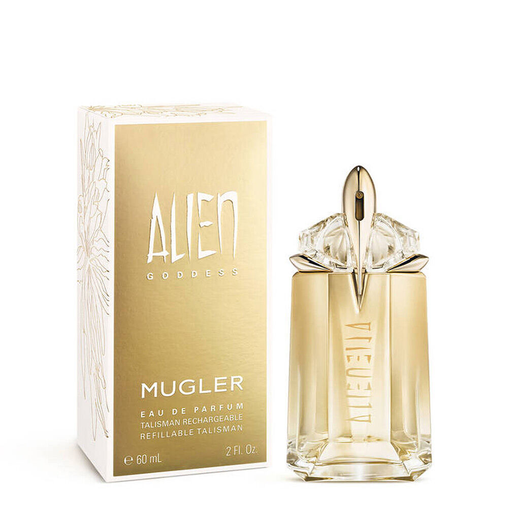 Alien Goddess perfume bottle beside its gold and white box