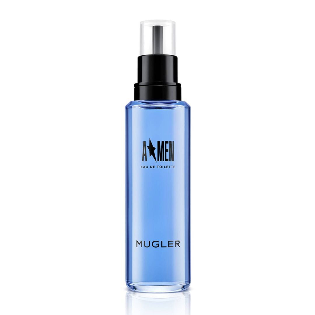 A*Men Eau de Toilette blue refill bottle with black spray cap on white background.