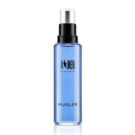A*Men Eau de Toilette blue refill bottle with black spray cap on white background.