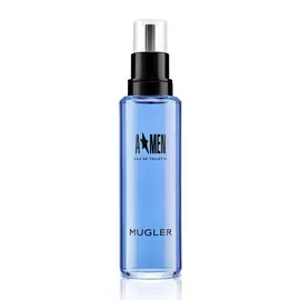 A*Men Eau de Toilette blue refill bottle with black spray cap on white background.