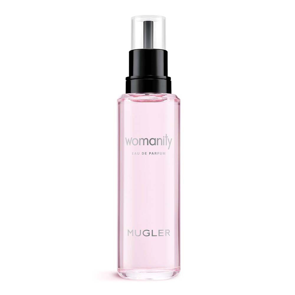 Pink Mugler Womanity perfume refill bottle with black pump on a white background