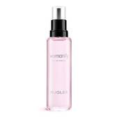 Pink Mugler Womanity perfume refill bottle with black pump on a white background