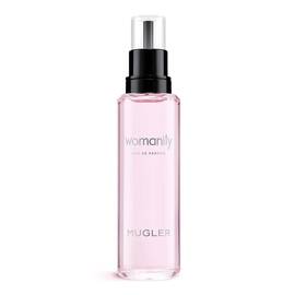 Pink Mugler Womanity perfume refill bottle with black pump on a white background