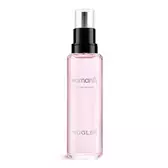 Pink Mugler Womanity perfume refill bottle with black pump on a white background