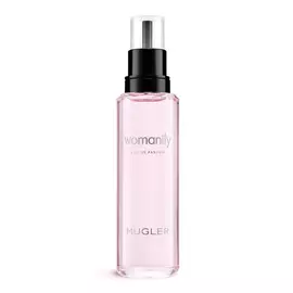 Pink Mugler Womanity perfume refill bottle with black pump on a white background