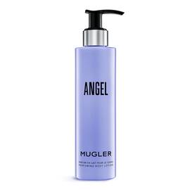 Mugler Angel perfuming body lotion bottle on a light gray background.