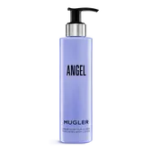 Mugler Angel perfuming body lotion bottle on a light gray background.