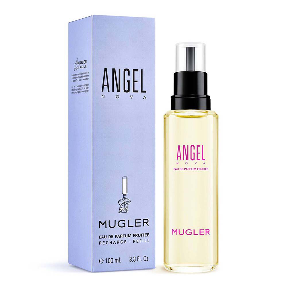 Angel Nova Mugler refill bottle beside its light blue product box​