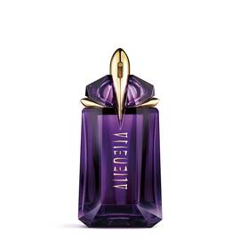 Mugler Alien purple perfume bottle on light gray background