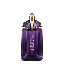 Mugler Alien purple perfume bottle on light gray background