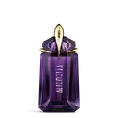 Mugler Alien purple perfume bottle on light gray background