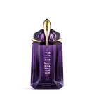 Mugler Alien purple perfume bottle on light gray background