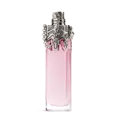 Pink Mugler Womanity perfume bottle with silver sculpted cap on light gray background​