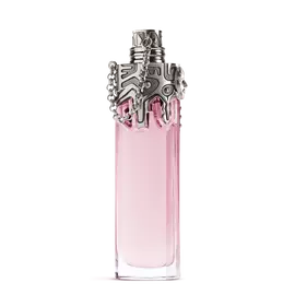 Pink Mugler Womanity perfume bottle with silver sculpted cap on light gray background​