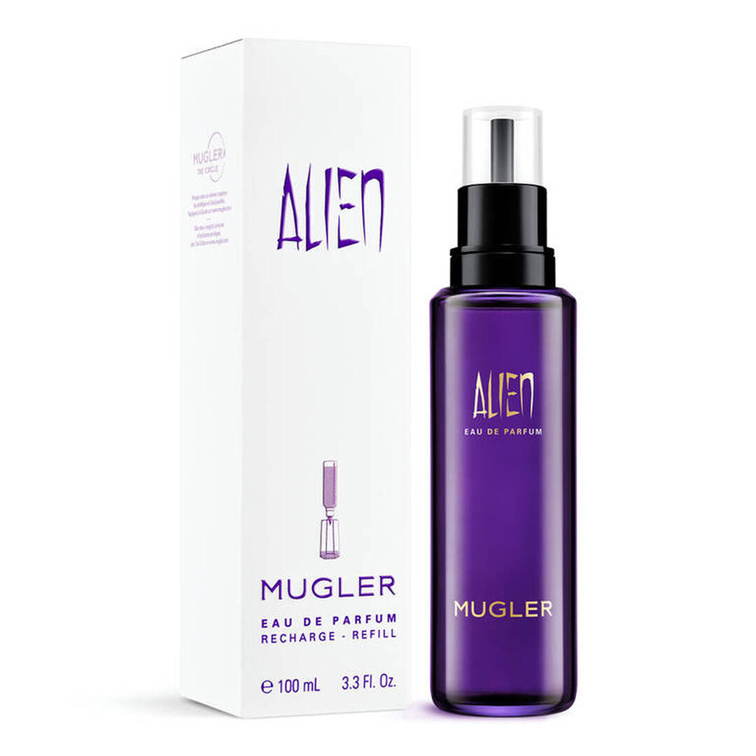 Mugler Alien perfume box beside purple refill bottle