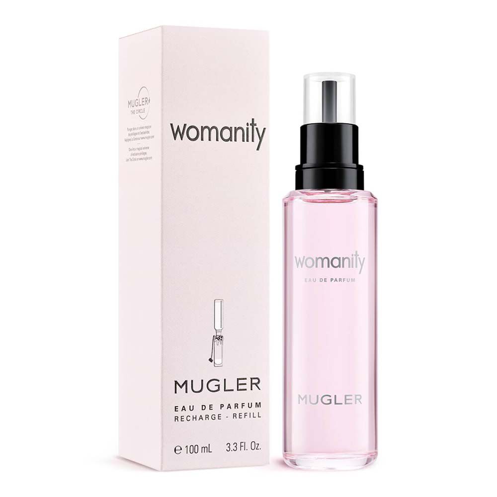 Mugler Womanity perfume box beside pink perfume refill bottle