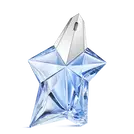 Blue star-shaped Angel Mugler perfume bottle with silver cap on a light gray background