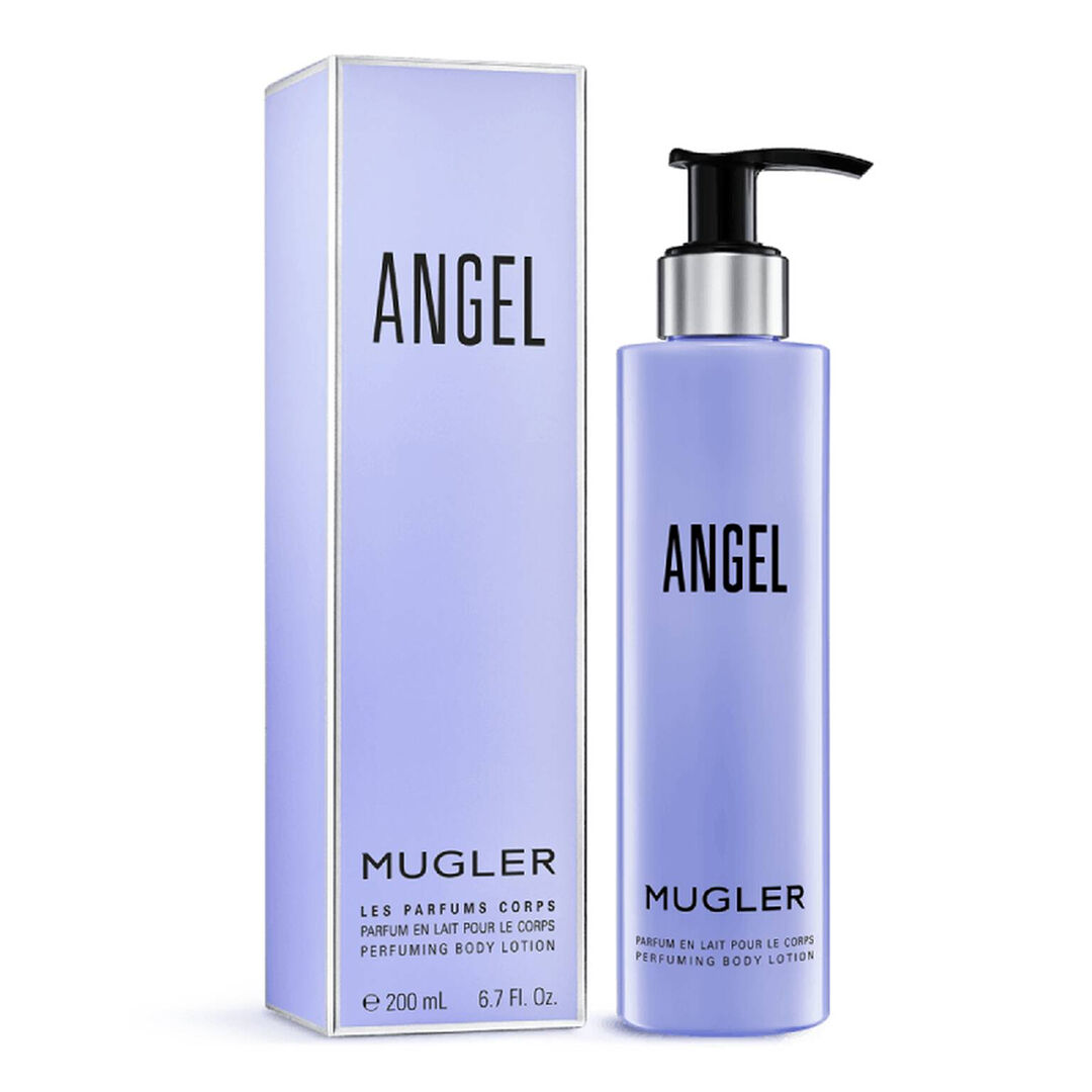 Mugler Angel perfuming body lotion bottle beside its matching box.