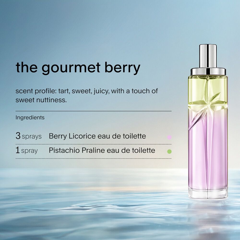 Gourmet Berry Starlicious layering recipe: tall bottle with light green and pink gradient on rippled water against a soft blue background. Tart, sweet, juicy scent with sweet nuttiness; 3 sprays Berry Licorice, 1 Pistachio Praline.