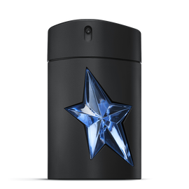 Black A*Men Mugler bottle with blue star on light gray background​