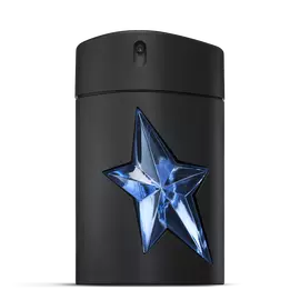 Black A*Men Mugler bottle with blue star on light gray background​