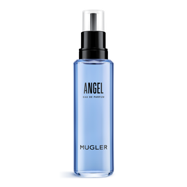 Blue Angel Mugler eau de parfum refill bottle with black pump on a white background