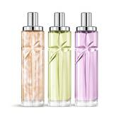 Starlicious the yummy swirl layering bundle packshot with Pineapple Musk, Pistachio Praline and Berry Licorice, glass bottles with a carved shooting star, its facets shining bright beneath a sleek silver cap.