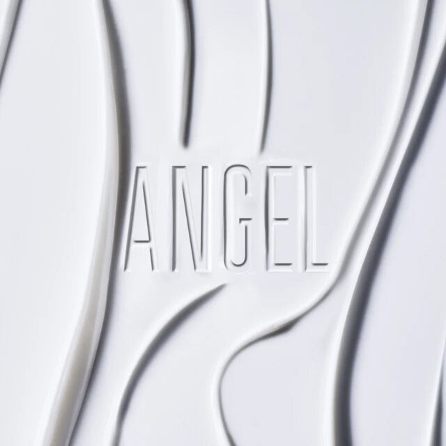 Embossed Angel logo on a white textured background.