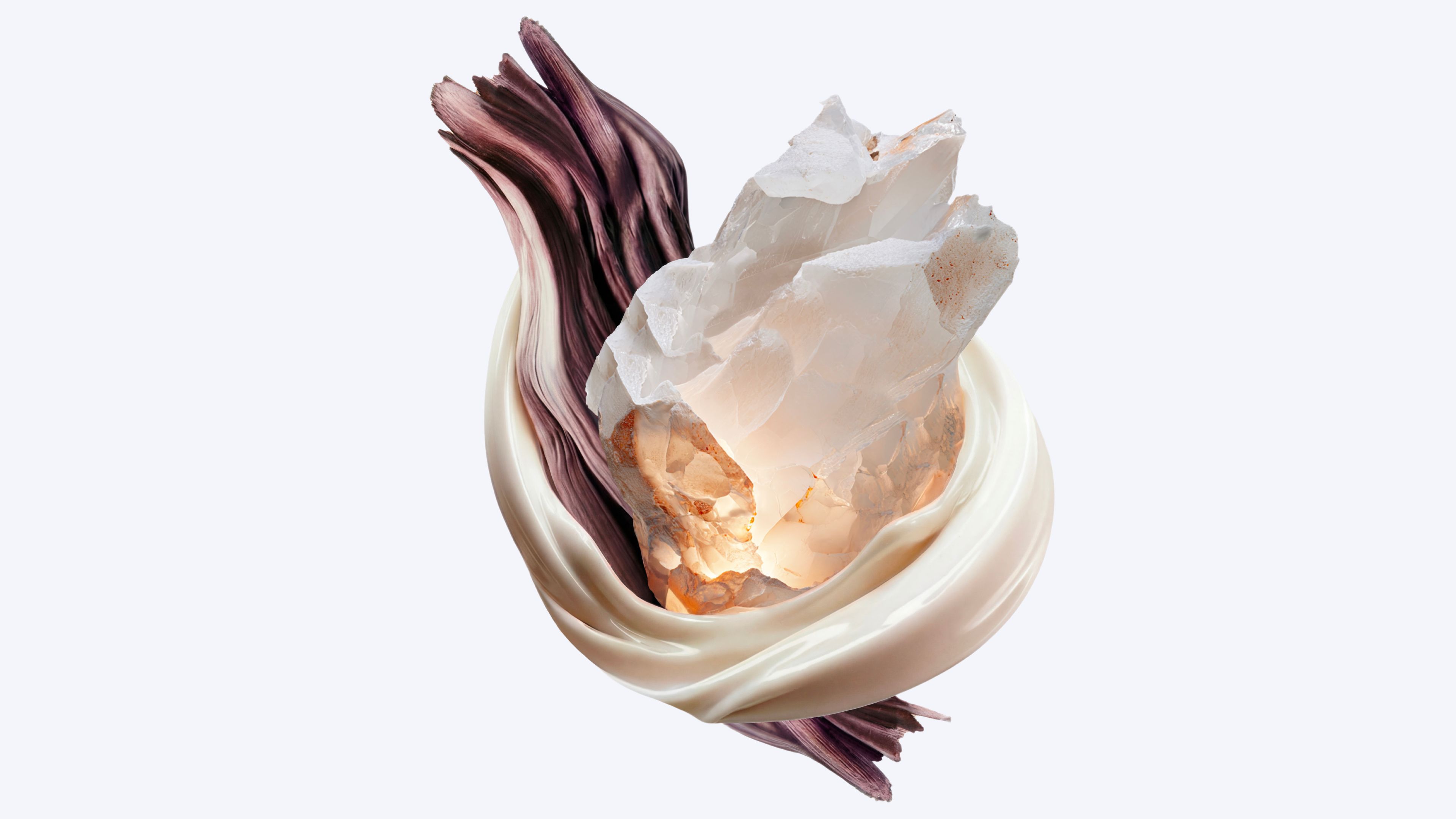 Angel Blush by Mugler ingredients composition with creamy swirl, crystal, and flowing mauve texture​