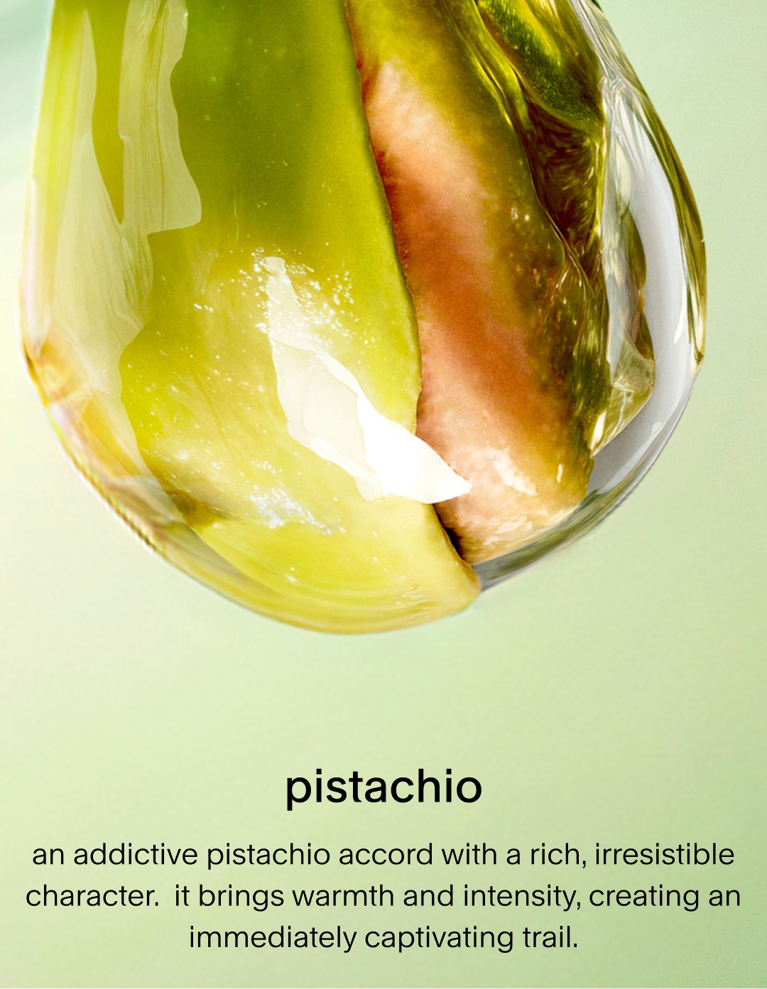 A close-up of a vibrant green pistachio kernel partially encased in a glossy, translucent shell. The text describes it as a rich, addictive accord that provides warmth and intensity for a captivating scent trail.