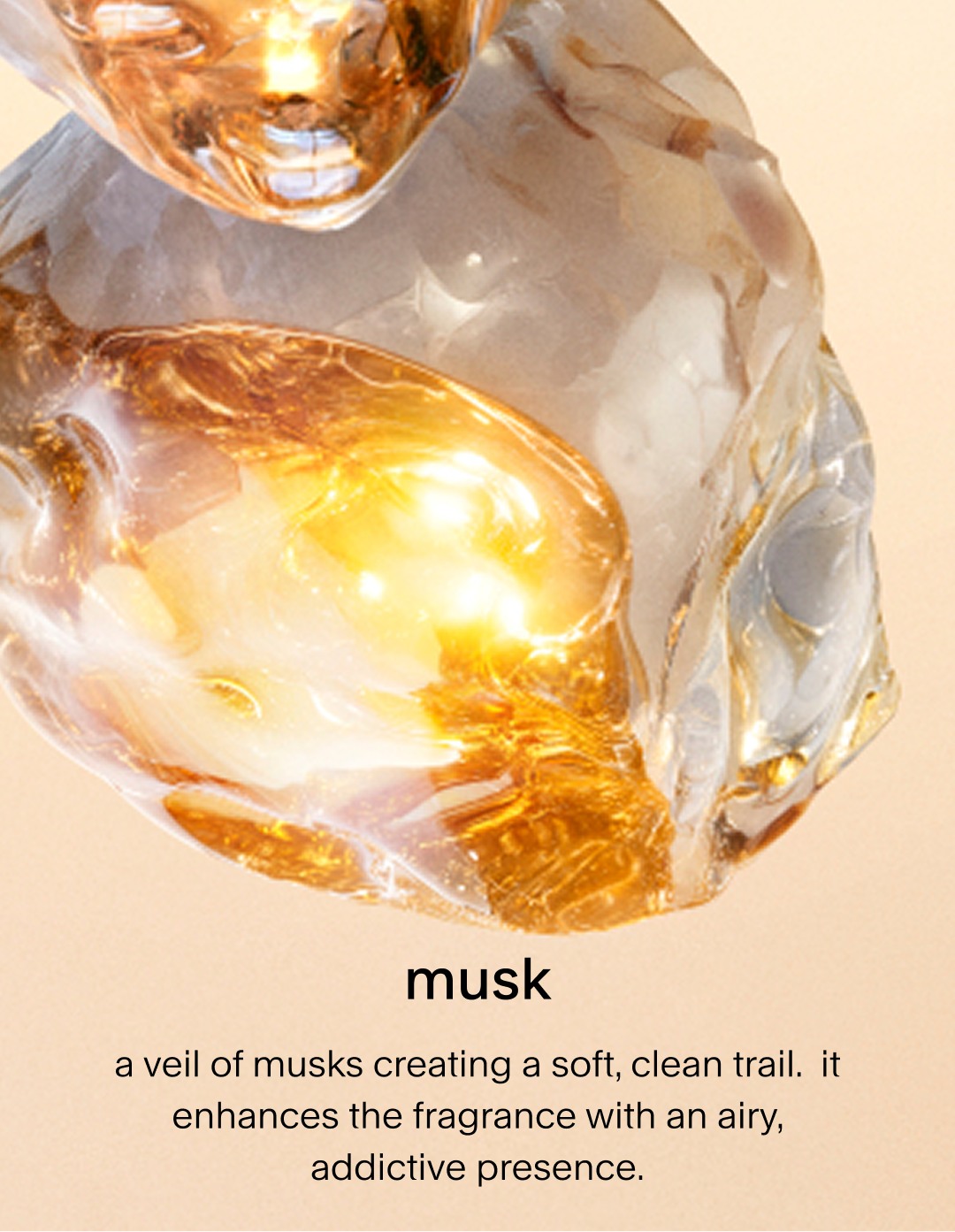 A macro shot of translucent, crystal-like musk  with amber and golden light reflecting inside them. The text describes musk as a veil that creates a soft, clean trail and provides an airy, addictive presence.