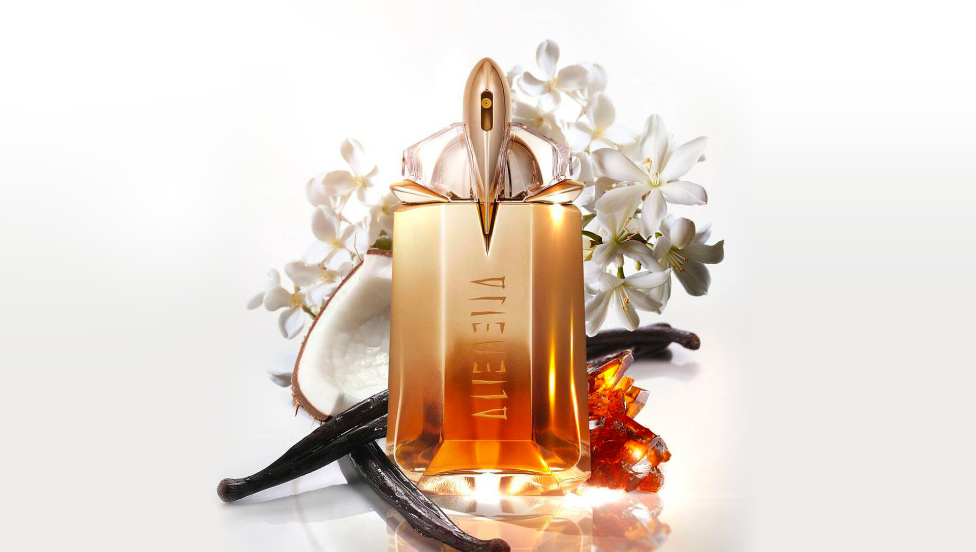 Mugler Alien Goddess Intense golden bottle surrounded by vanilla pods and warm botanical elements, showcasing key fragrance ingredients