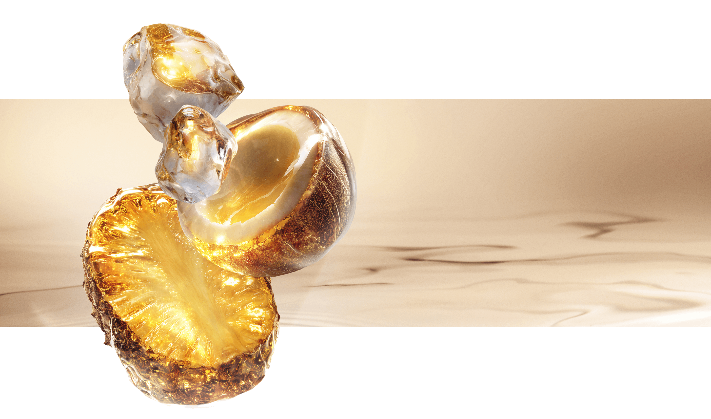 New Starlicious Pineapple Musk fragrance key ingredients: a glowing pineapple slice, a cracked coconut shell, and crystalline musk, all set against a warm, luminous rippling water background.