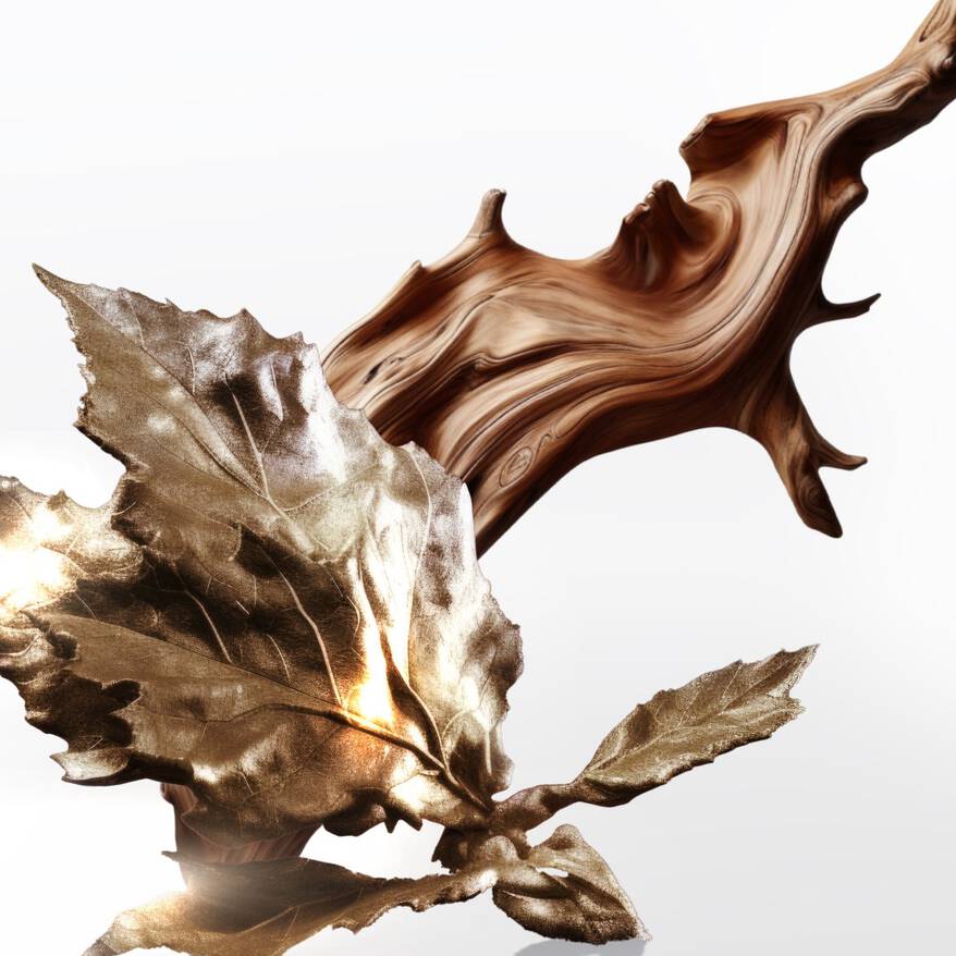 Abstract macro composition of golden metallic oak leaves intertwined with a swirling caramel wood-grain sculptural form, evoking warm patchouli and woody fragrance notes